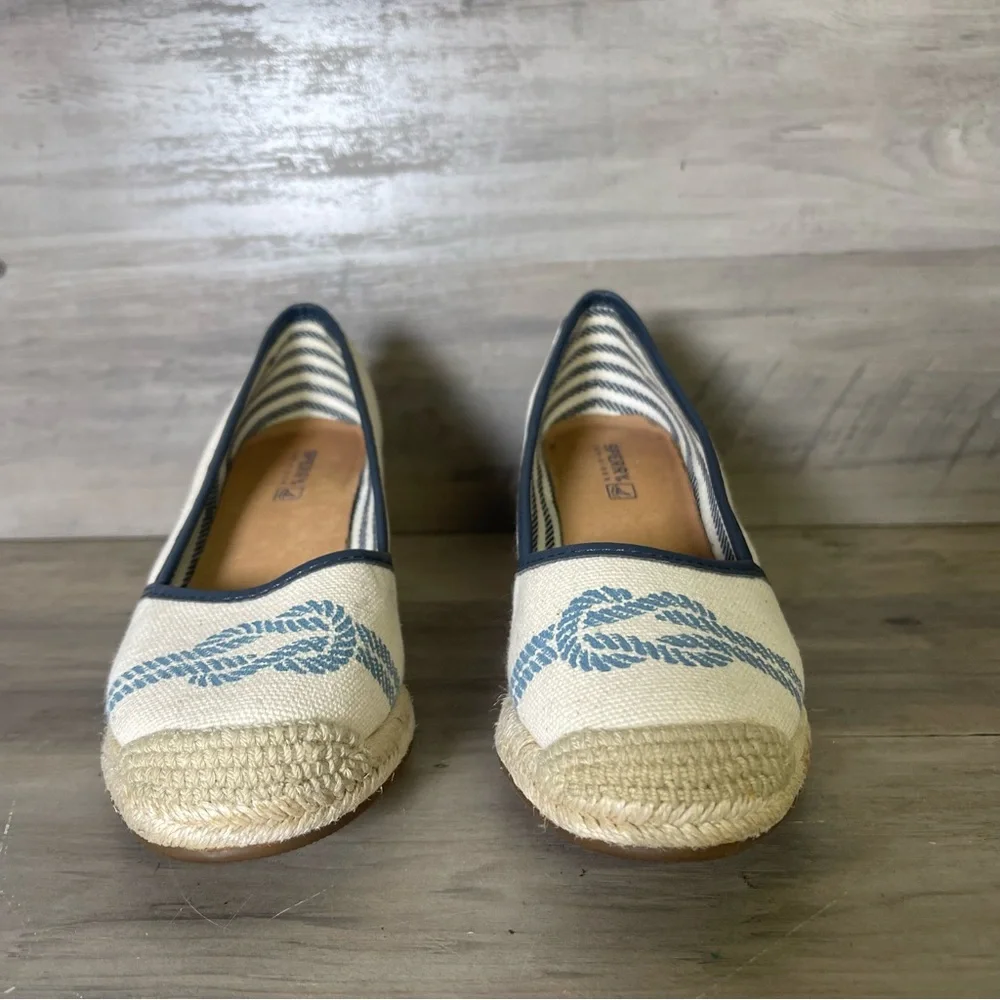 Sperry Womens 6 Tan Blue Knot Nautical Top Sider Espadrilles‎ Closed Toe Wedge